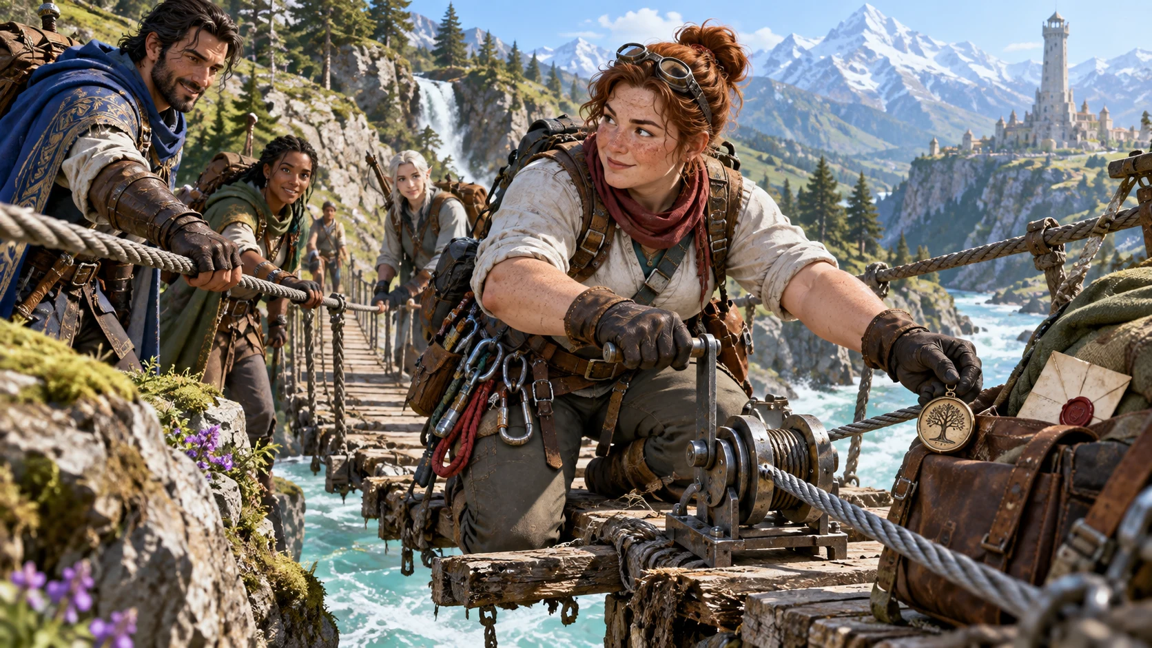 Fantasy illustration of an independent travelling ally repairing a bridge with the party