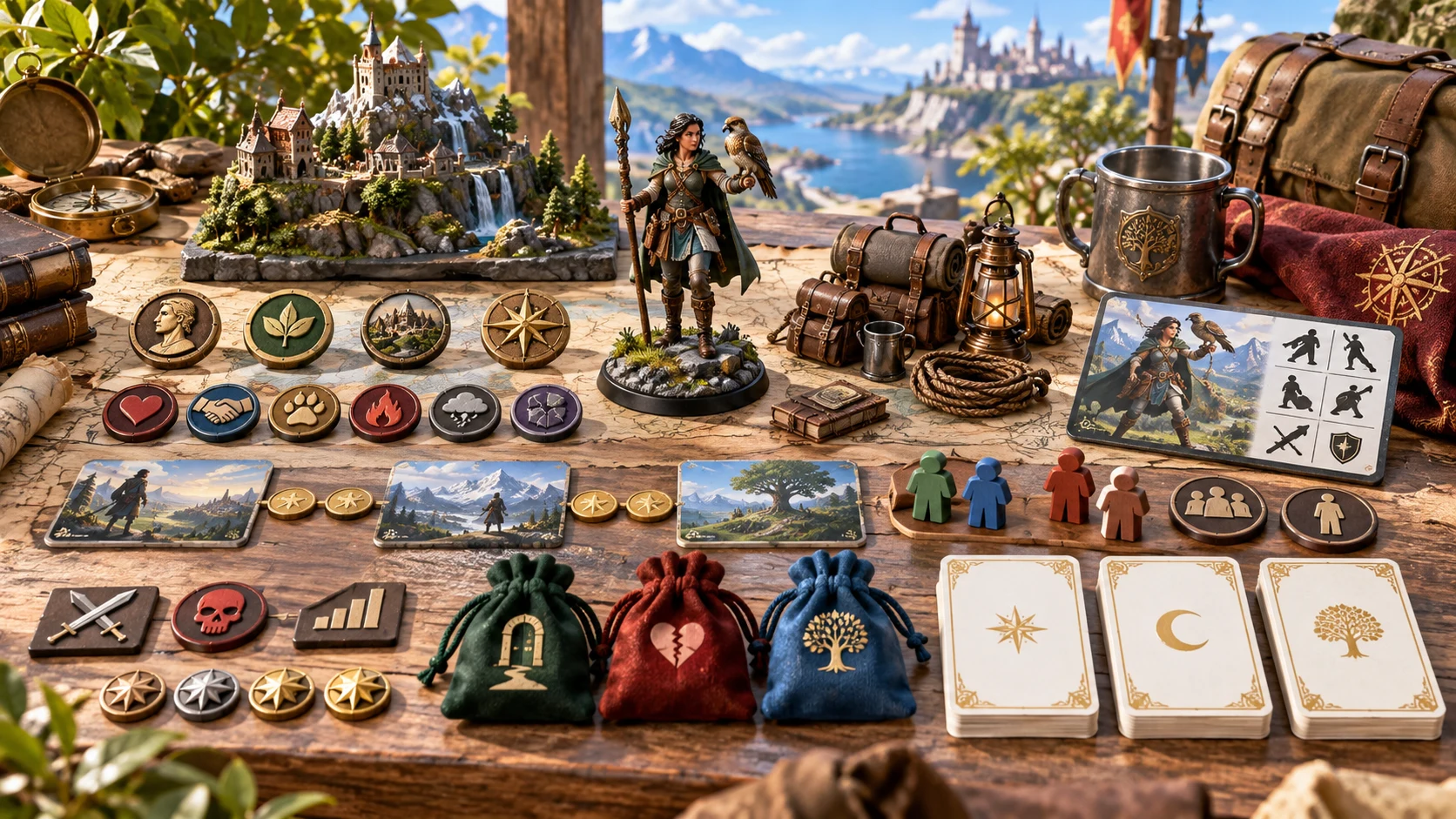 Fantasy illustration of a companion dossier represented by travel gear, story cards and relationship markers